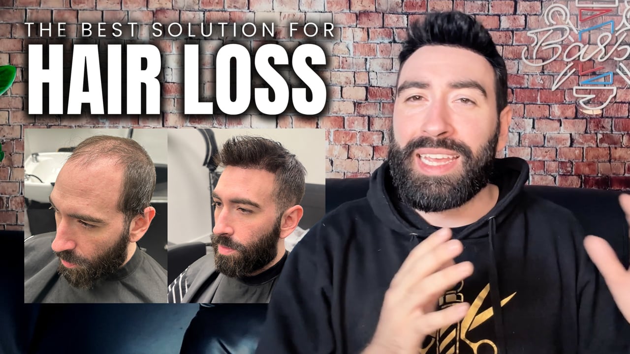 Hair loss consultation video thumbnail with men's hair system before-and-after results