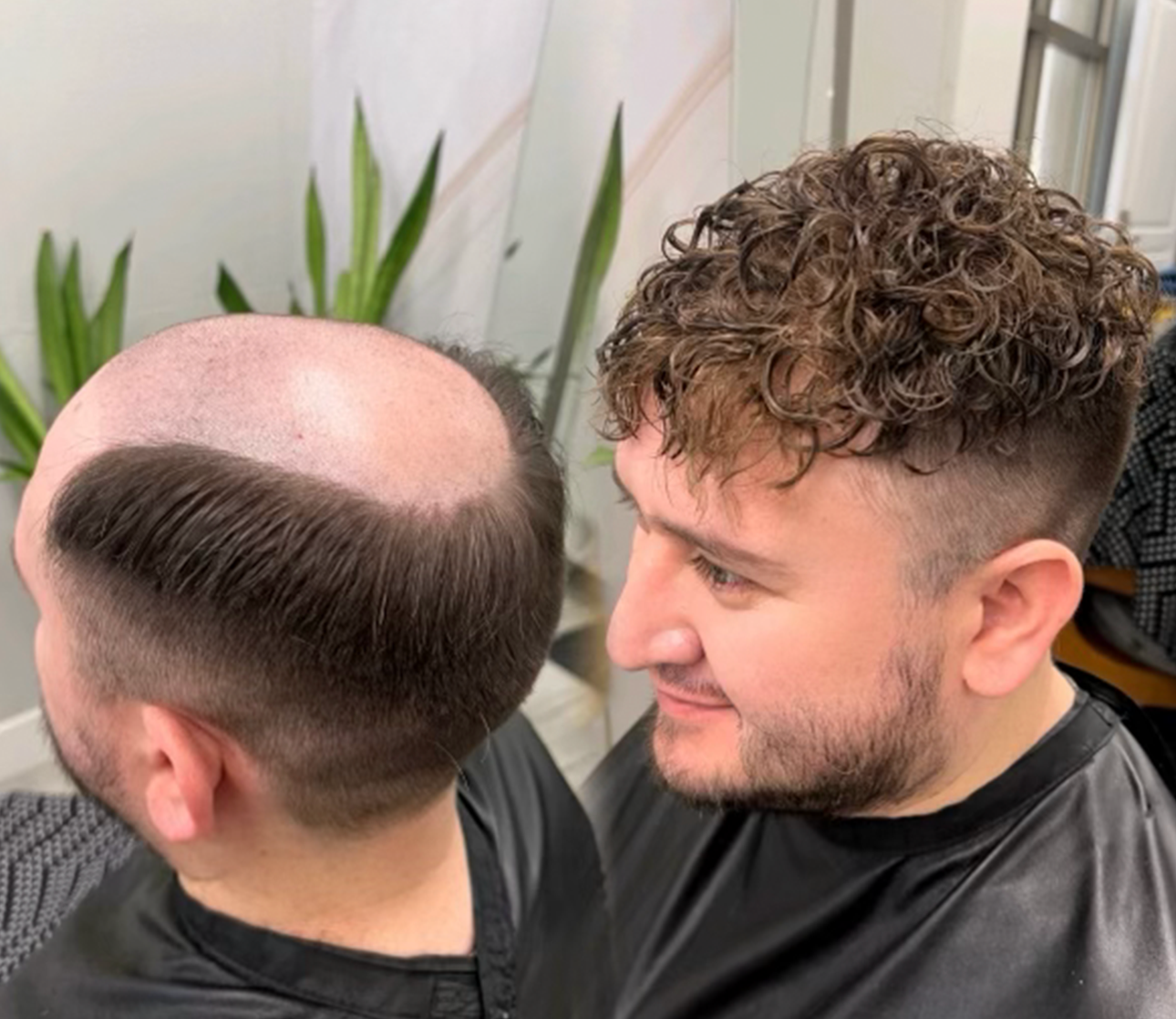 Curly men's hair unit before-and-after result
