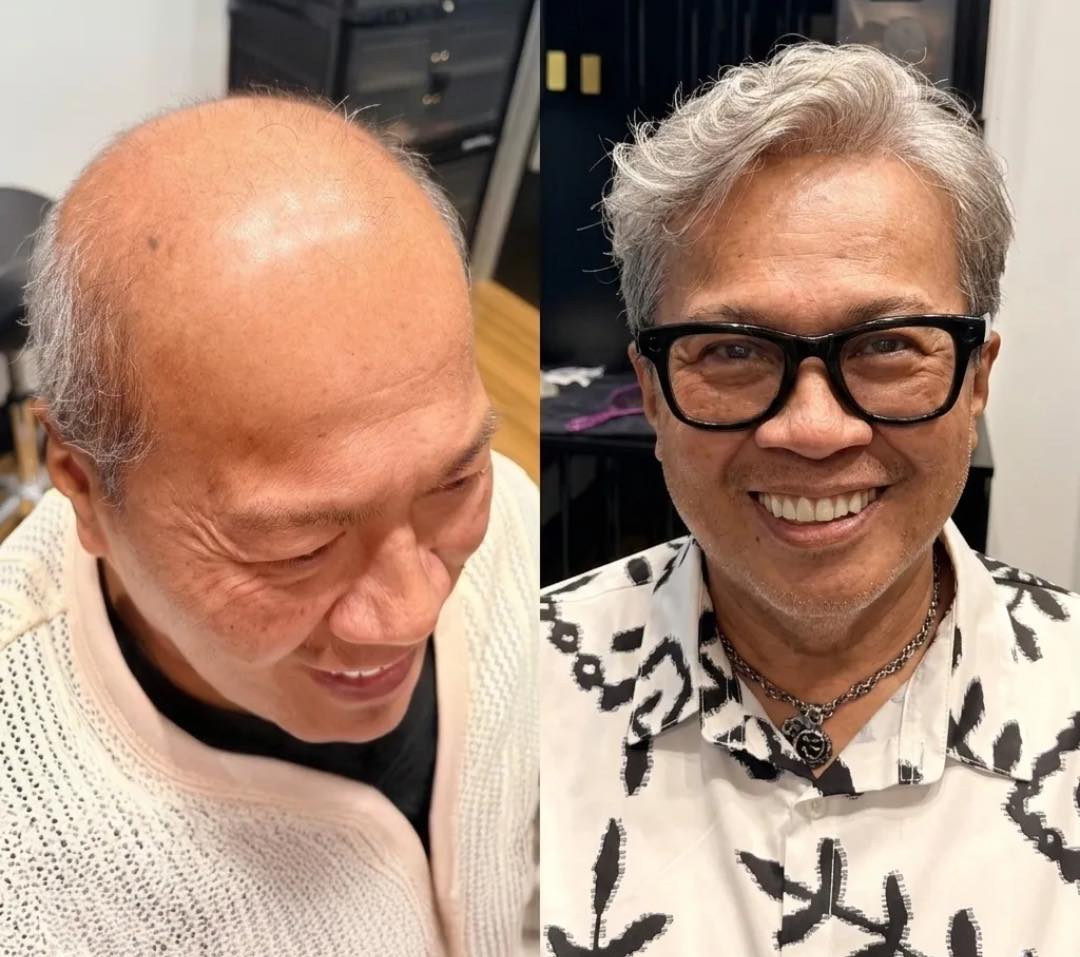 Older client hair system before-and-after with a gray styled look