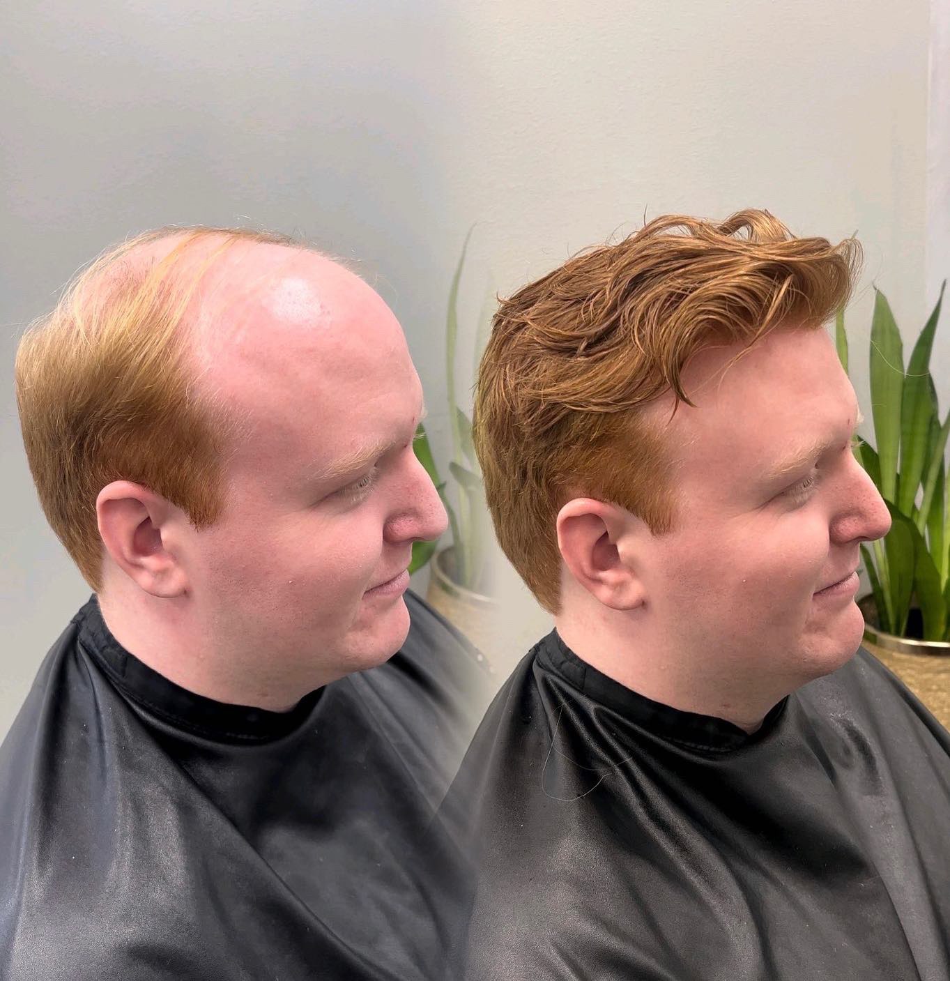 Red-haired client hair system before-and-after result