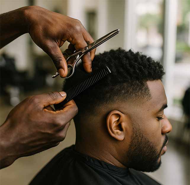 Barber preparing a men's haircut and hair system style