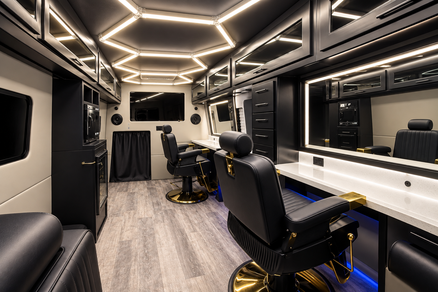 Inside the Truly Blessed mobile barber van with premium barber chairs and geometric LED lighting